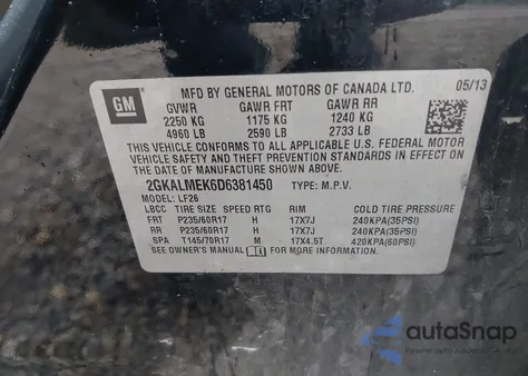 2013 GMC Terrain Sle-1 из США, поврежденный, VIN 2GKALMEK6D6381450